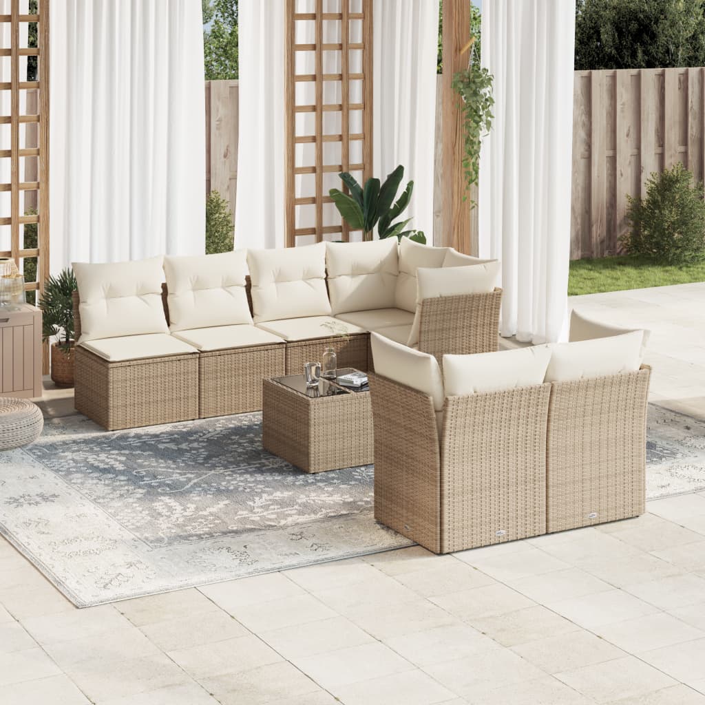 vidaXL 8-tlg. Garten-Sofagarnitur mit Kissen Beige Poly Rattan