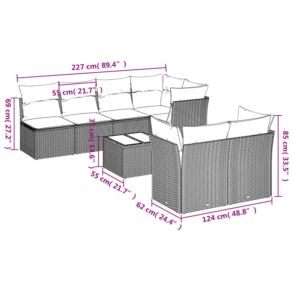 vidaXL 8-delige Loungeset met kussens poly rattan bruin