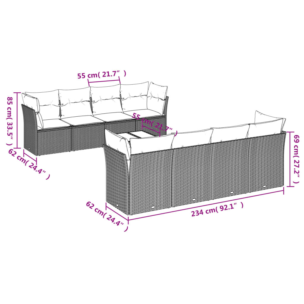 Set mobilier de grădină cu perne, 9 piese, negru, poliratan 3249144 - imagine 3