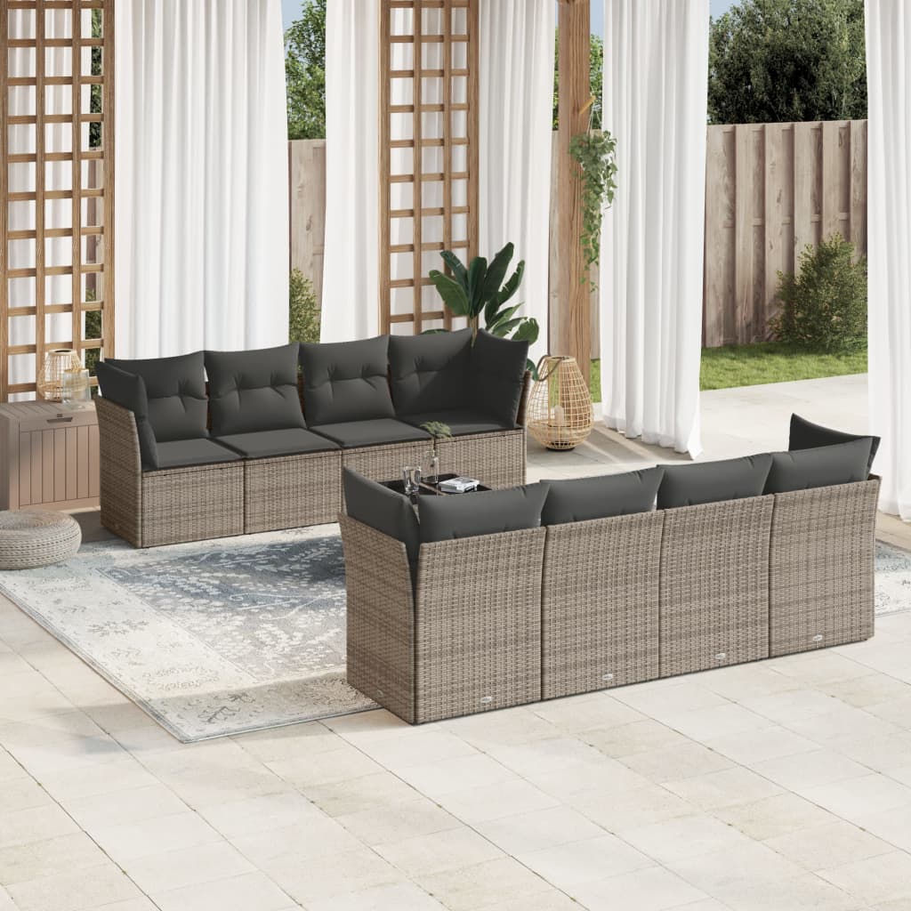 vidaXL 9-tlg. Garten-Sofagarnitur mit Kissen Grau Poly Rattan