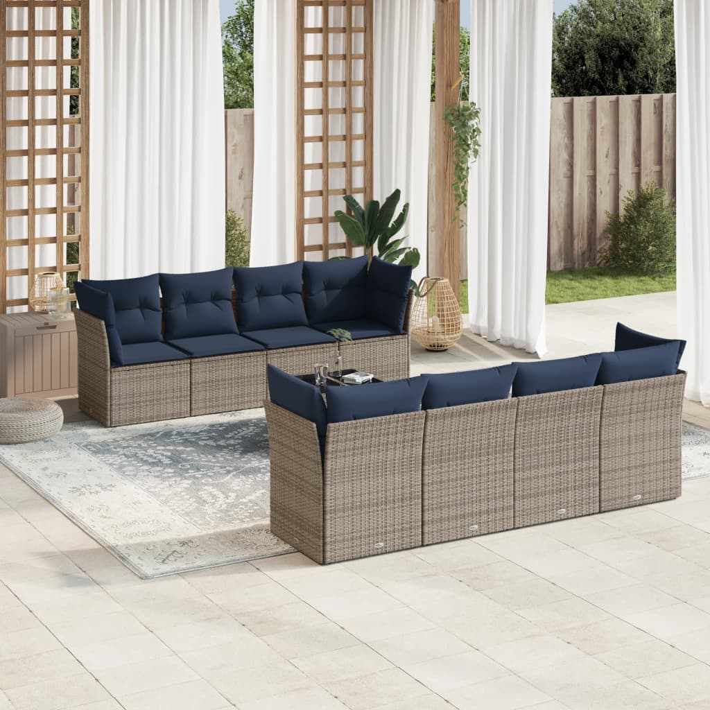 9 pcs conjunto sofás p/ jardim c/ almofadões vime PE cinzento