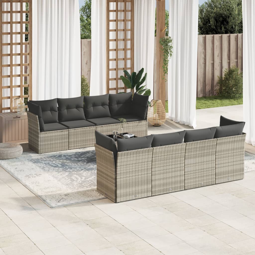 vidaXL 9-tlg. Garten-Sofagarnitur mit Kissen Hellgrau Poly Rattan