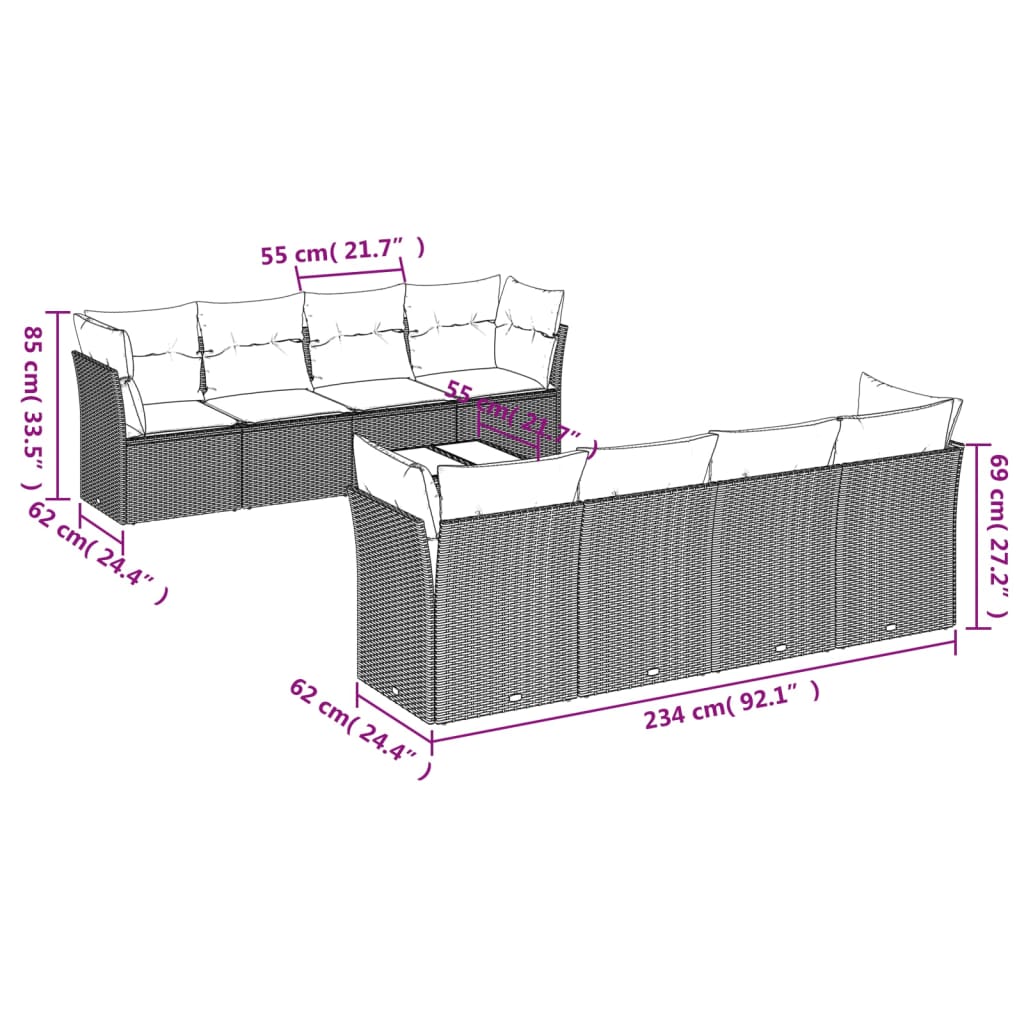 Set canapele de grădină cu perne, 9 piese, maro, poliratan 3249152 - imagine 3