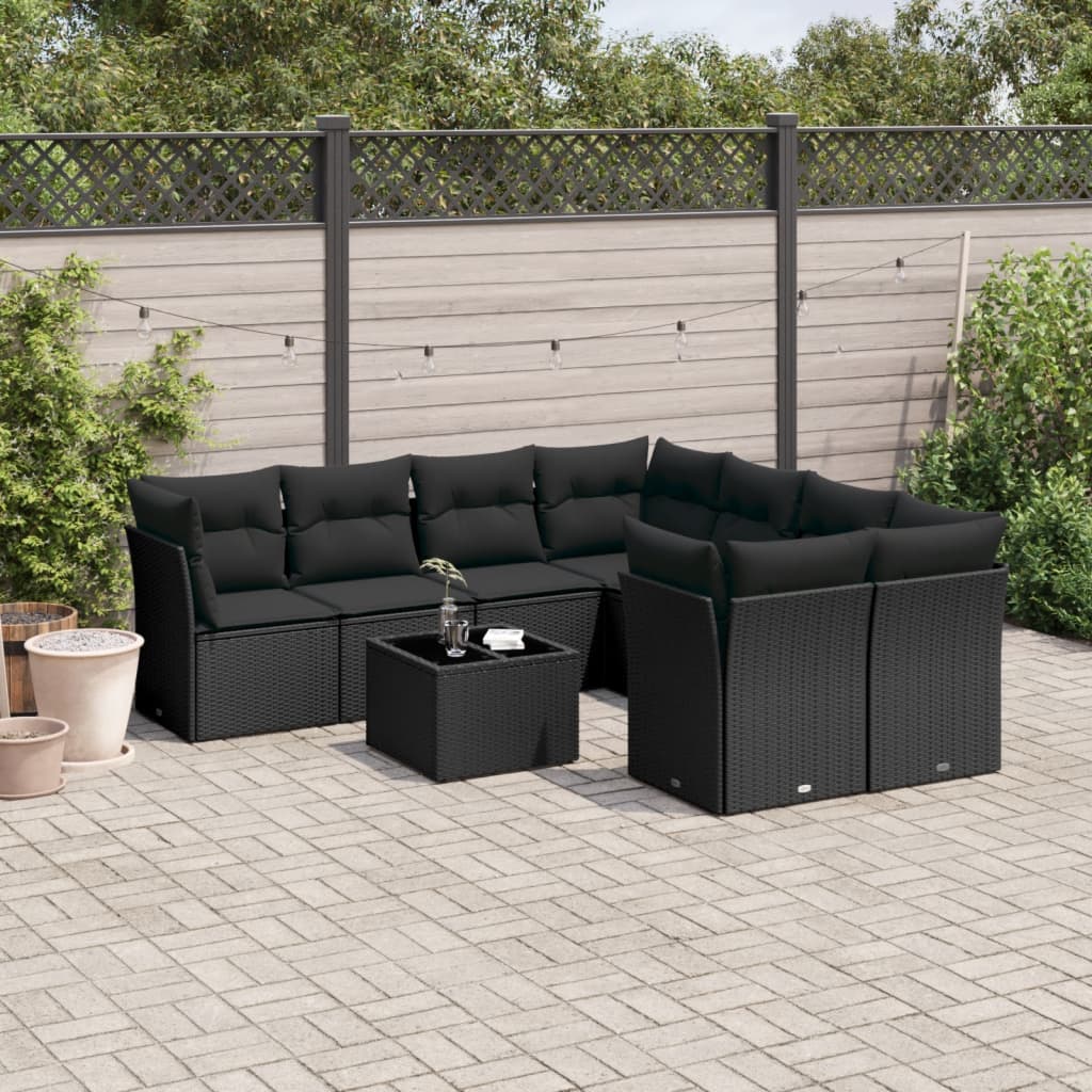 vidaXL 9-tlg. Garten-Sofagarnitur mit Kissen Schwarz Poly Rattan