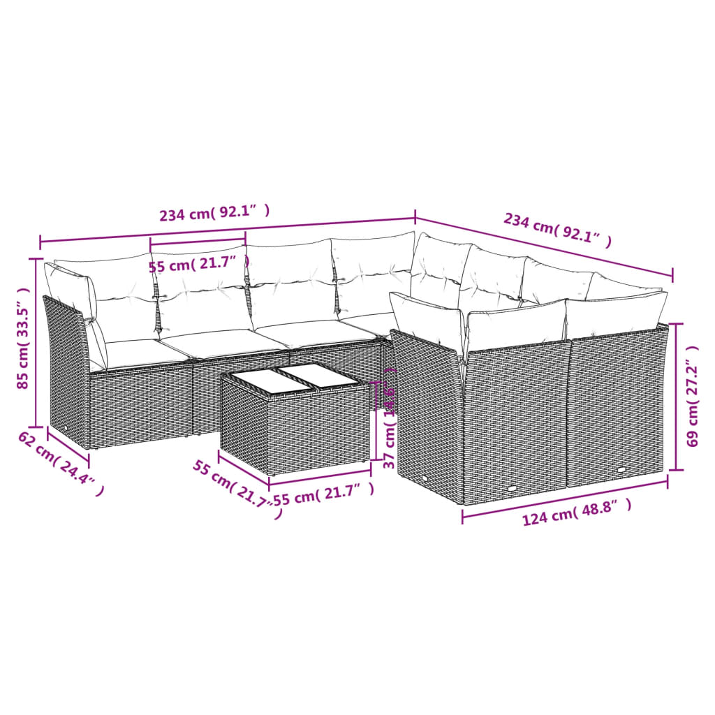 vidaXL 9-delige Loungeset met kussens poly rattan grijs