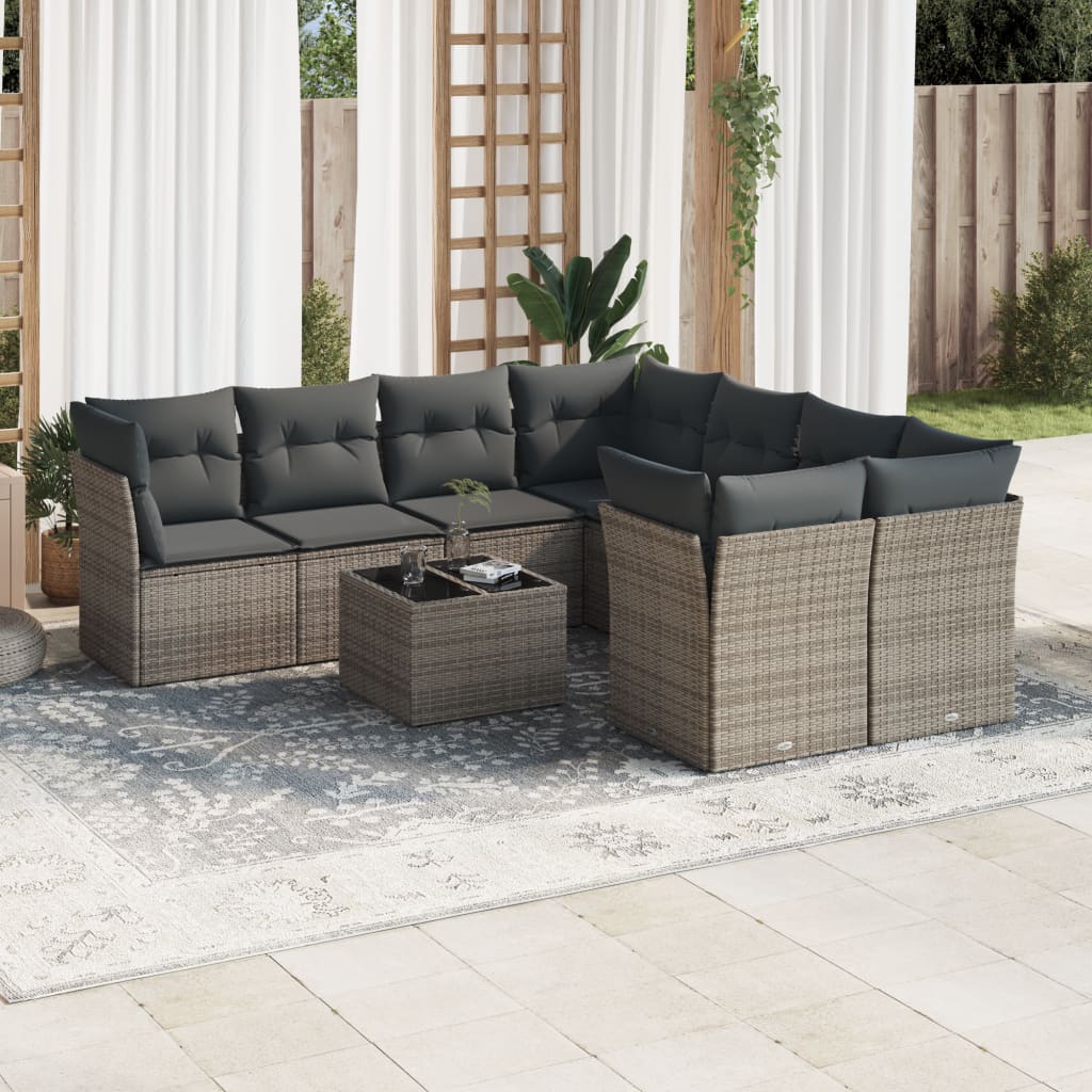 vidaXL 9-tlg. Garten-Sofagarnitur mit Kissen Grau Poly Rattan