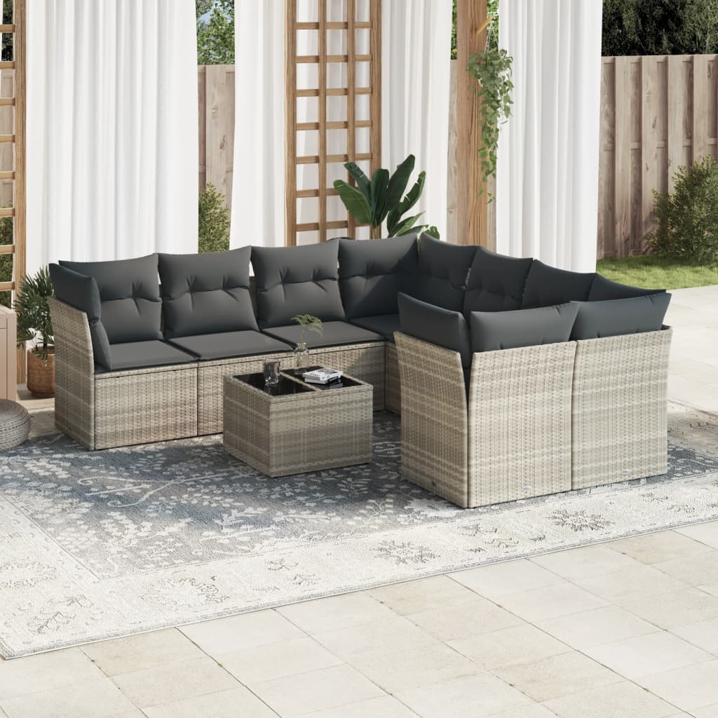 vidaXL 9-tlg. Garten-Sofagarnitur mit Kissen Hellgrau Poly Rattan