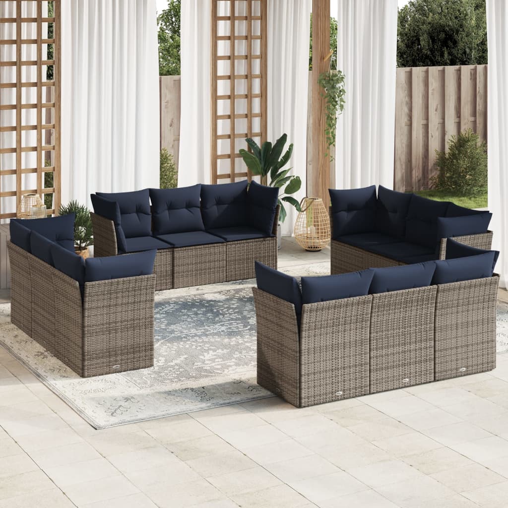 12 pcs conjunto sofás p/ jardim c/ almofadões vime PE cinzento