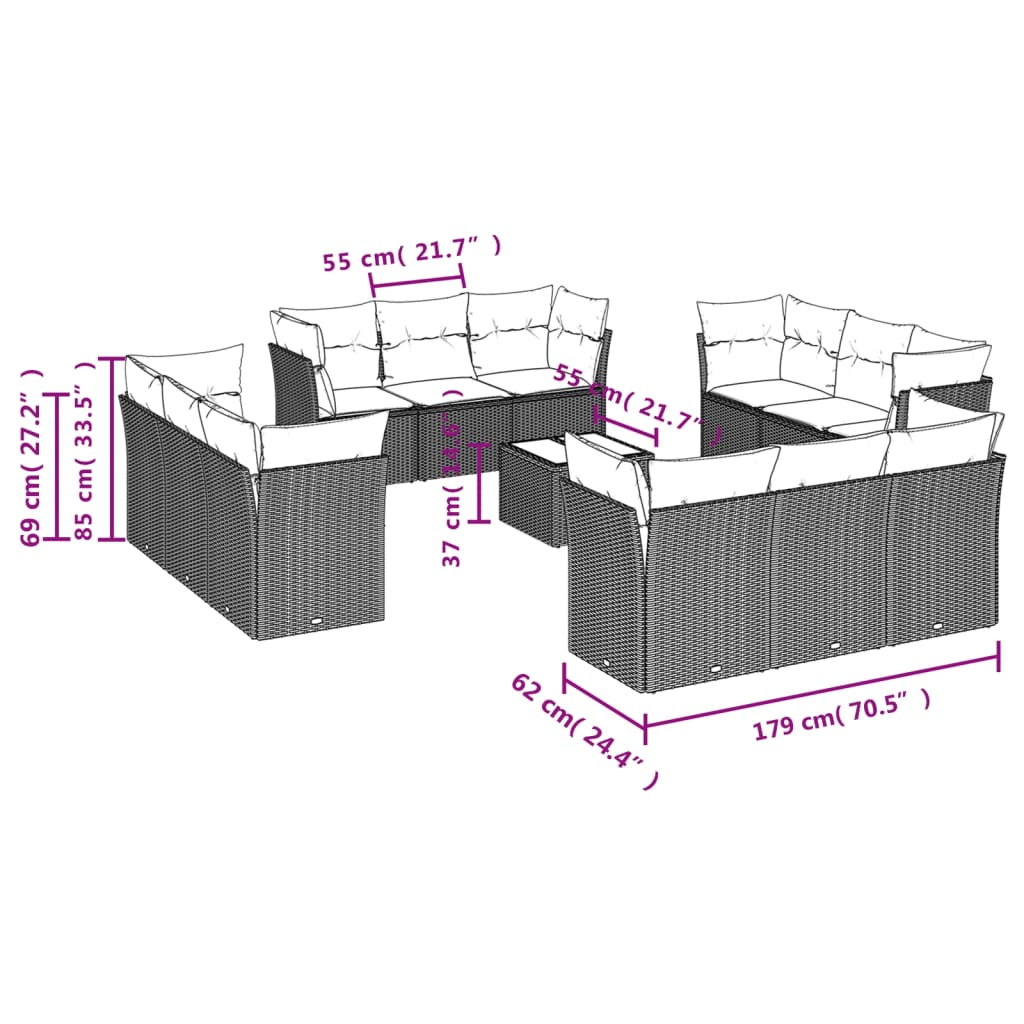 Set mobilier de grădină cu perne, 13 piese, negru, poliratan 3249175 - imagine 3