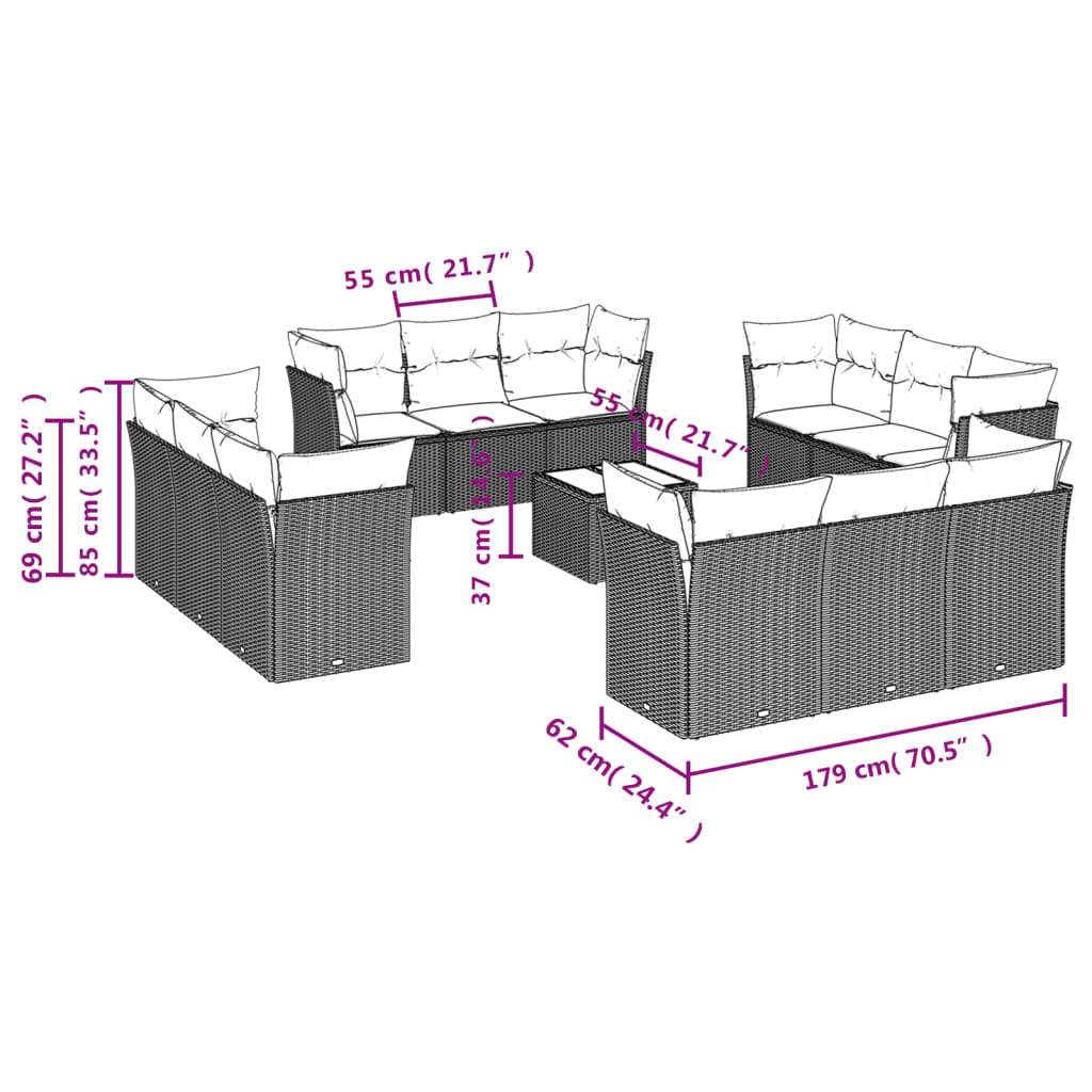 vidaXL 13-delige Loungeset met kussens poly rattan bruin