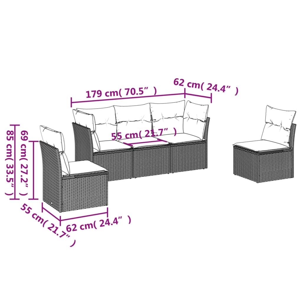 vidaXL 5-delige Loungeset met kussens poly rattan beige afbeelding