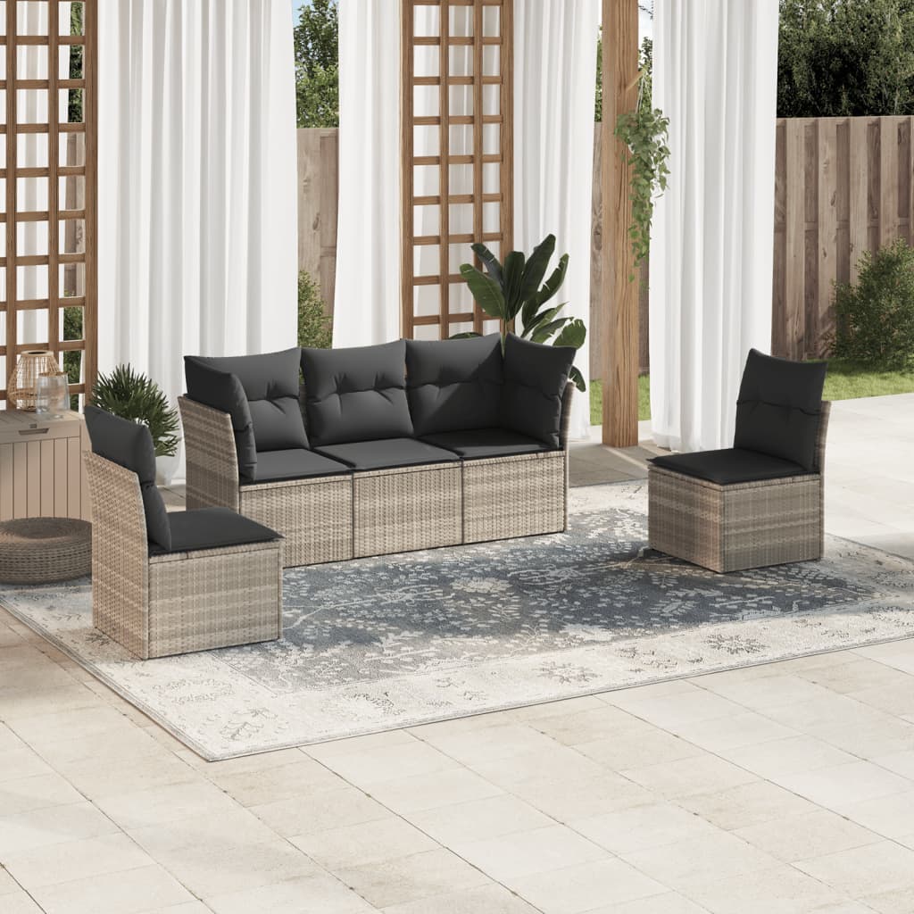 5-tlg. Garten-Sofagarnitur mit Kissen Hellgrau Poly Rattan