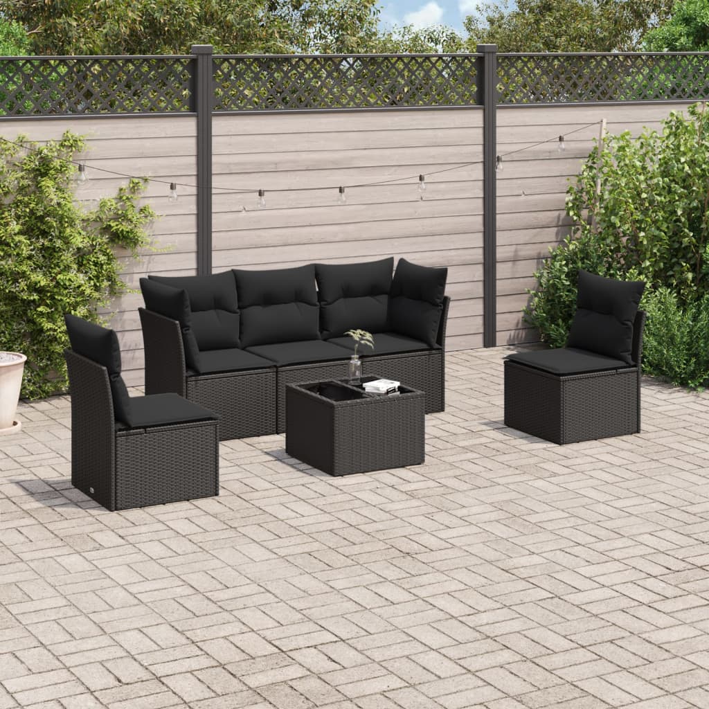 vidaXL 6-tlg. Garten-Sofagarnitur mit Kissen Schwarz Poly Rattan