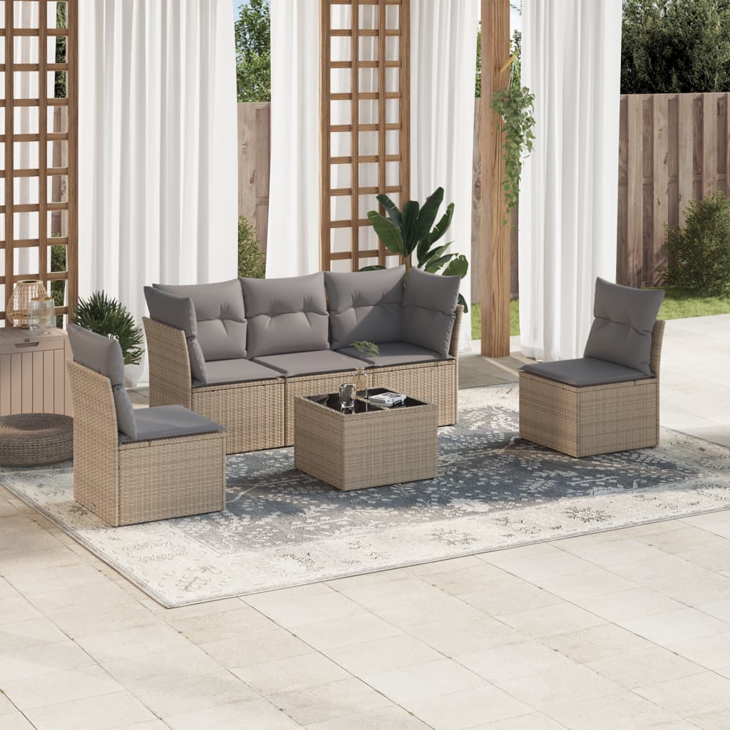 vidaXL 6-tlg. Garten-Sofagarnitur mit Kissen Beige Poly Rattan