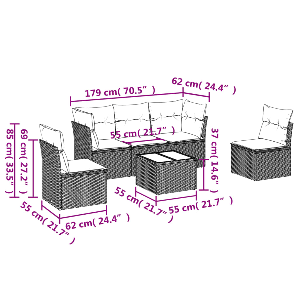 vidaXL 6-delige Loungeset met kussens poly rattan grijs afbeelding