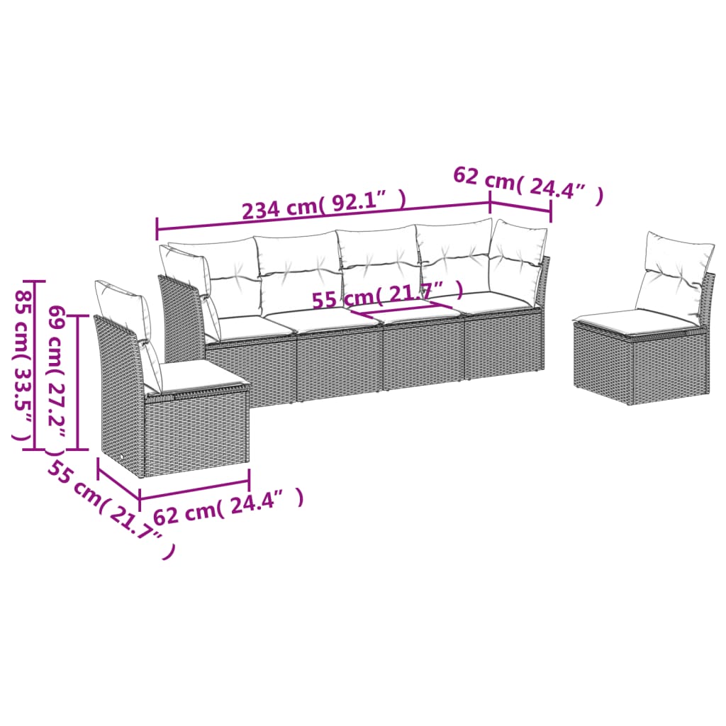 vidaXL 6-delige Loungeset met kussens poly rattan zwart afbeelding