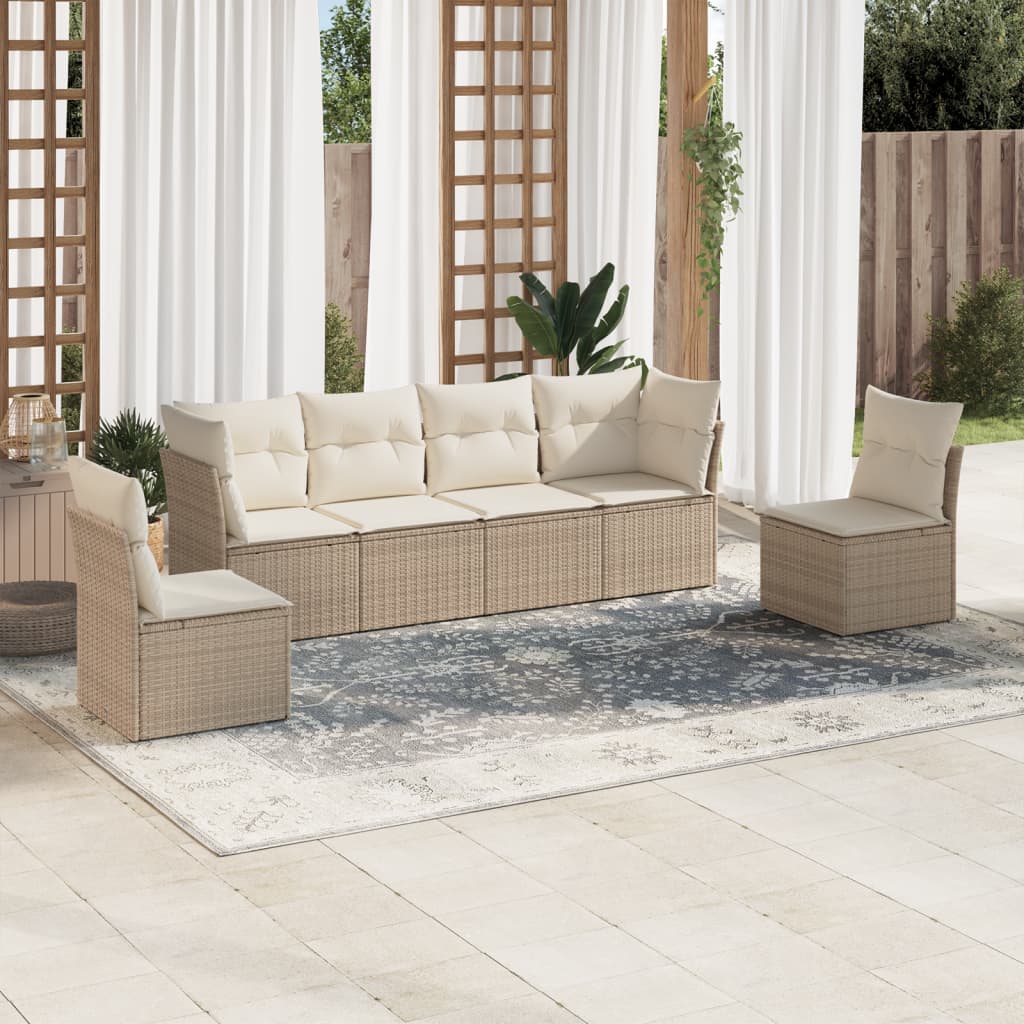 6-tlg. Garten-Sofagarnitur mit Kissen Beige Poly Rattan