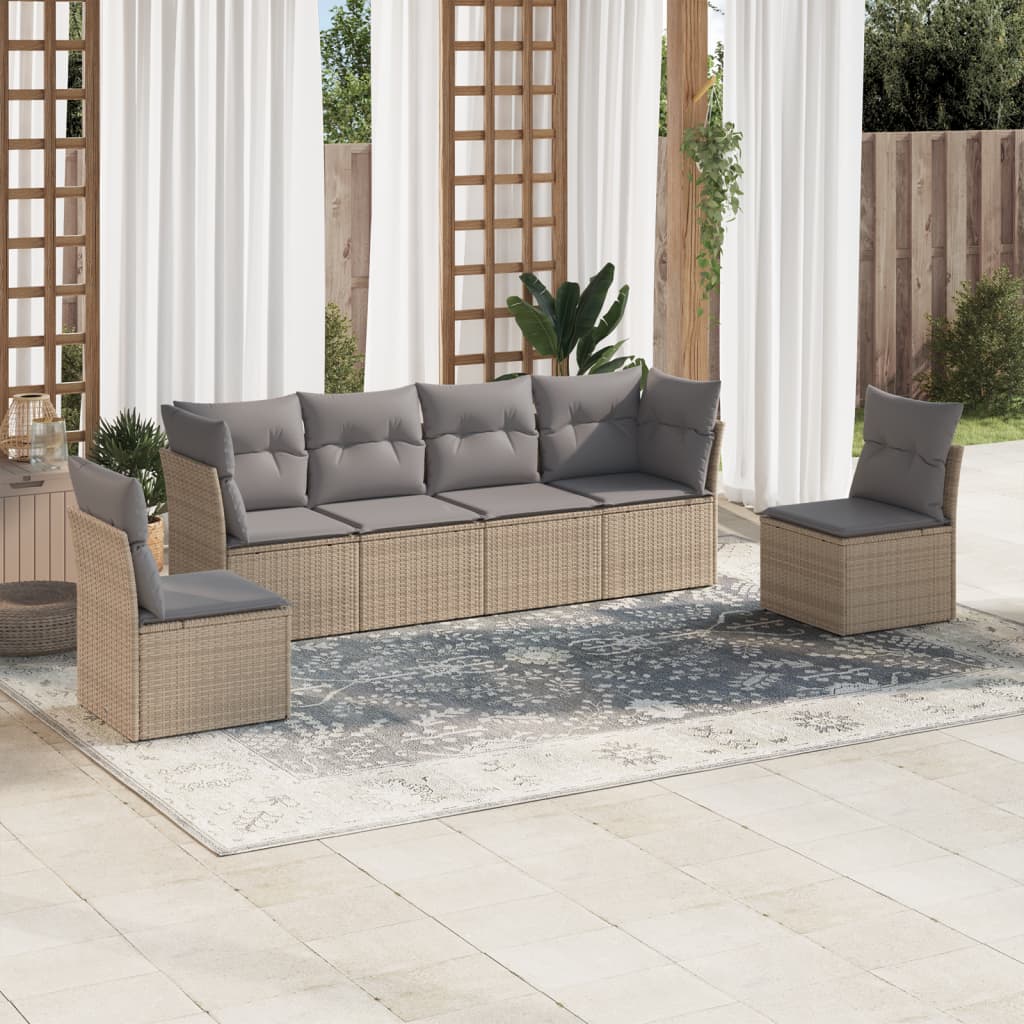 vidaXL 6-tlg. Garten-Sofagarnitur mit Kissen Beige Poly Rattan