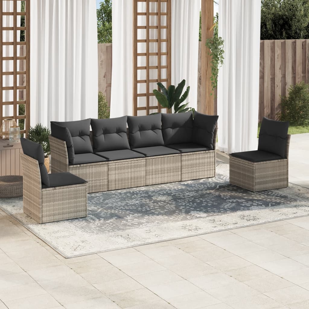 6-tlg. Garten-Sofagarnitur mit Kissen Hellgrau Poly Rattan