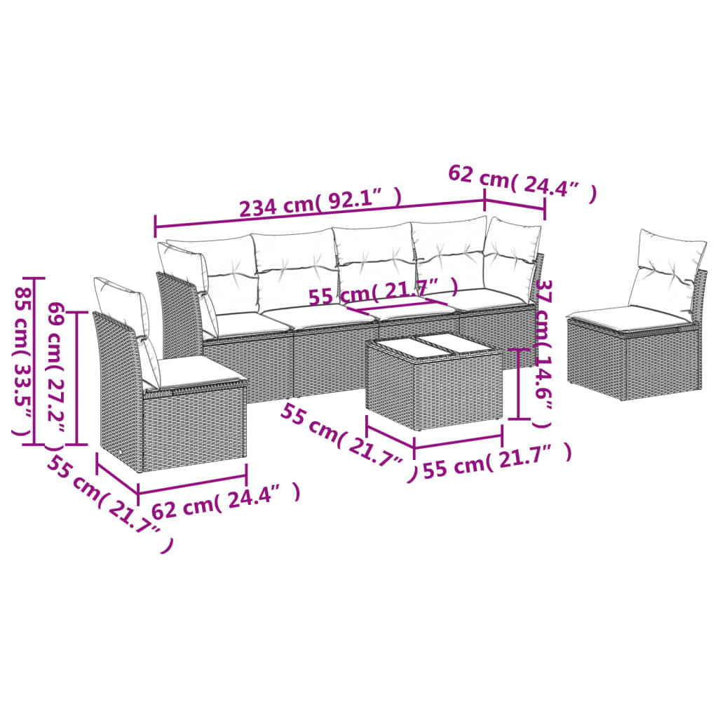 vidaXL 7-delige Loungeset met kussens poly rattan zwart afbeelding