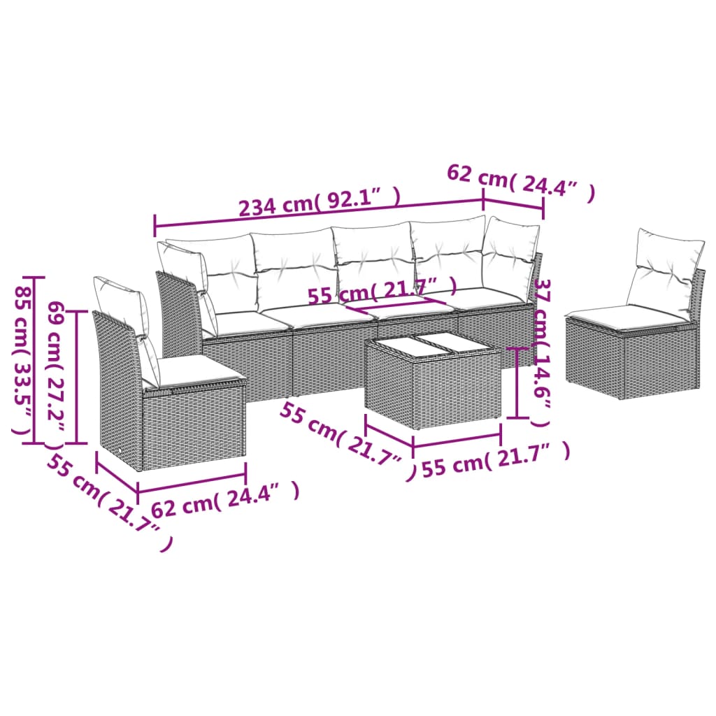 vidaXL 7-delige Loungeset met kussens poly rattan bruin