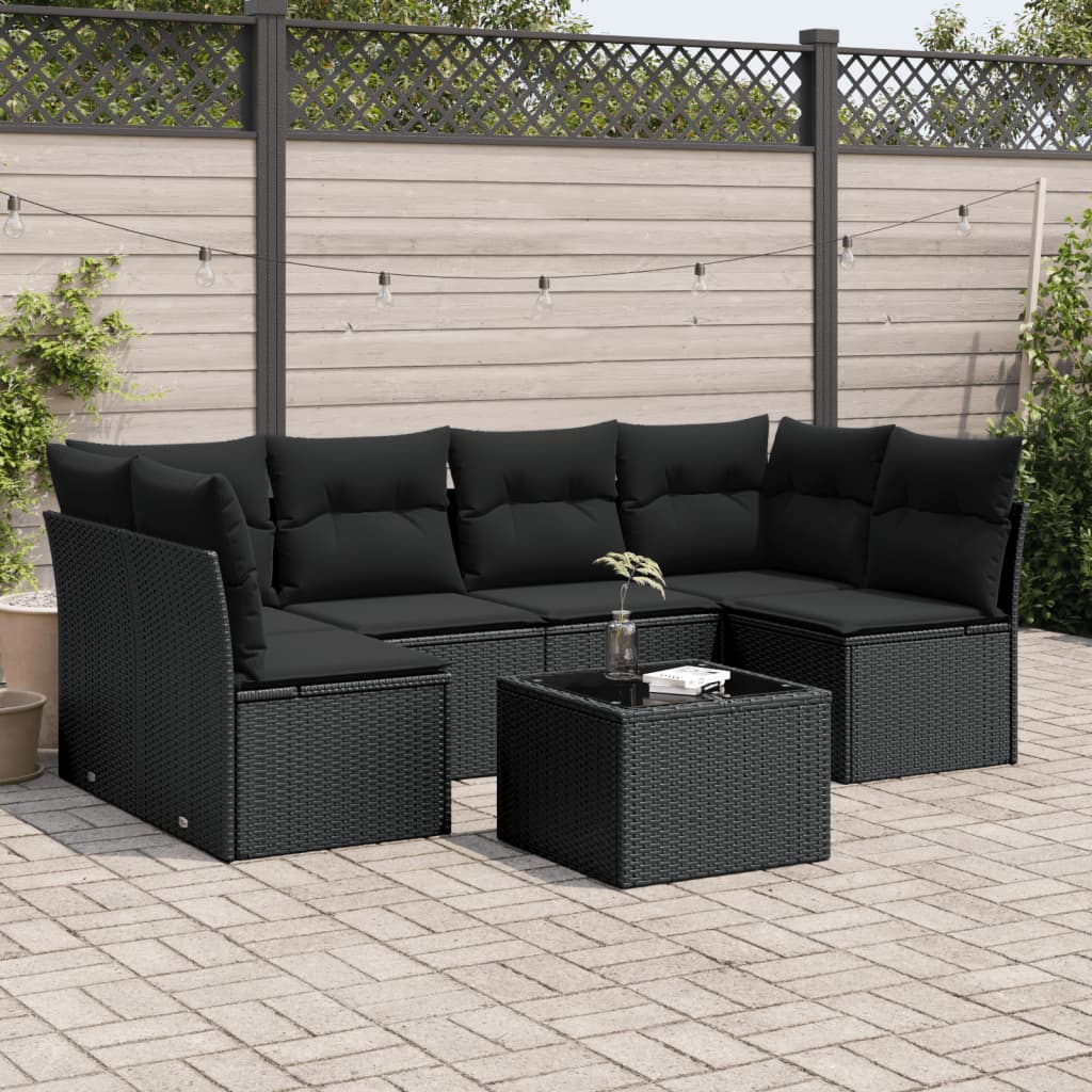 vidaXL 7-tlg. Garten-Sofagarnitur mit Kissen Schwarz Poly Rattan