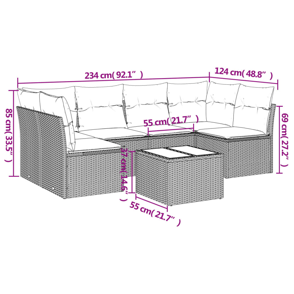 vidaXL 7-delige Loungeset met kussens poly rattan beige