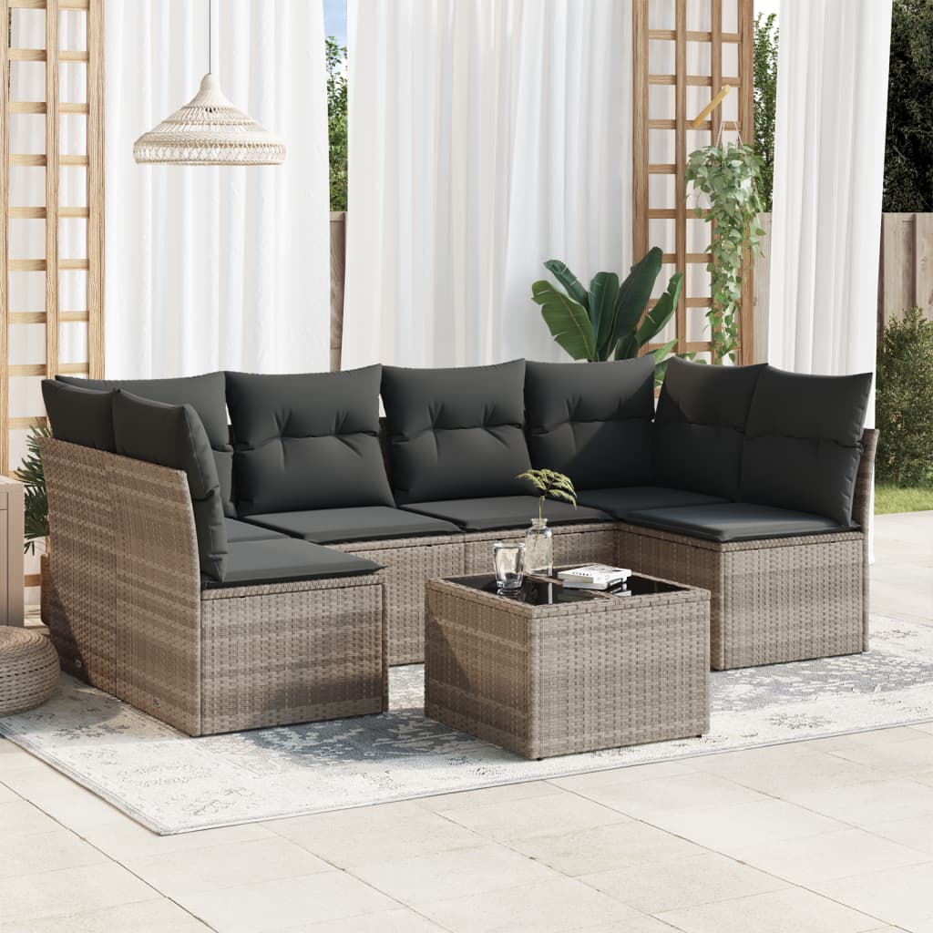 7-tlg. Garten-Sofagarnitur mit Kissen Hellgrau Poly Rattan