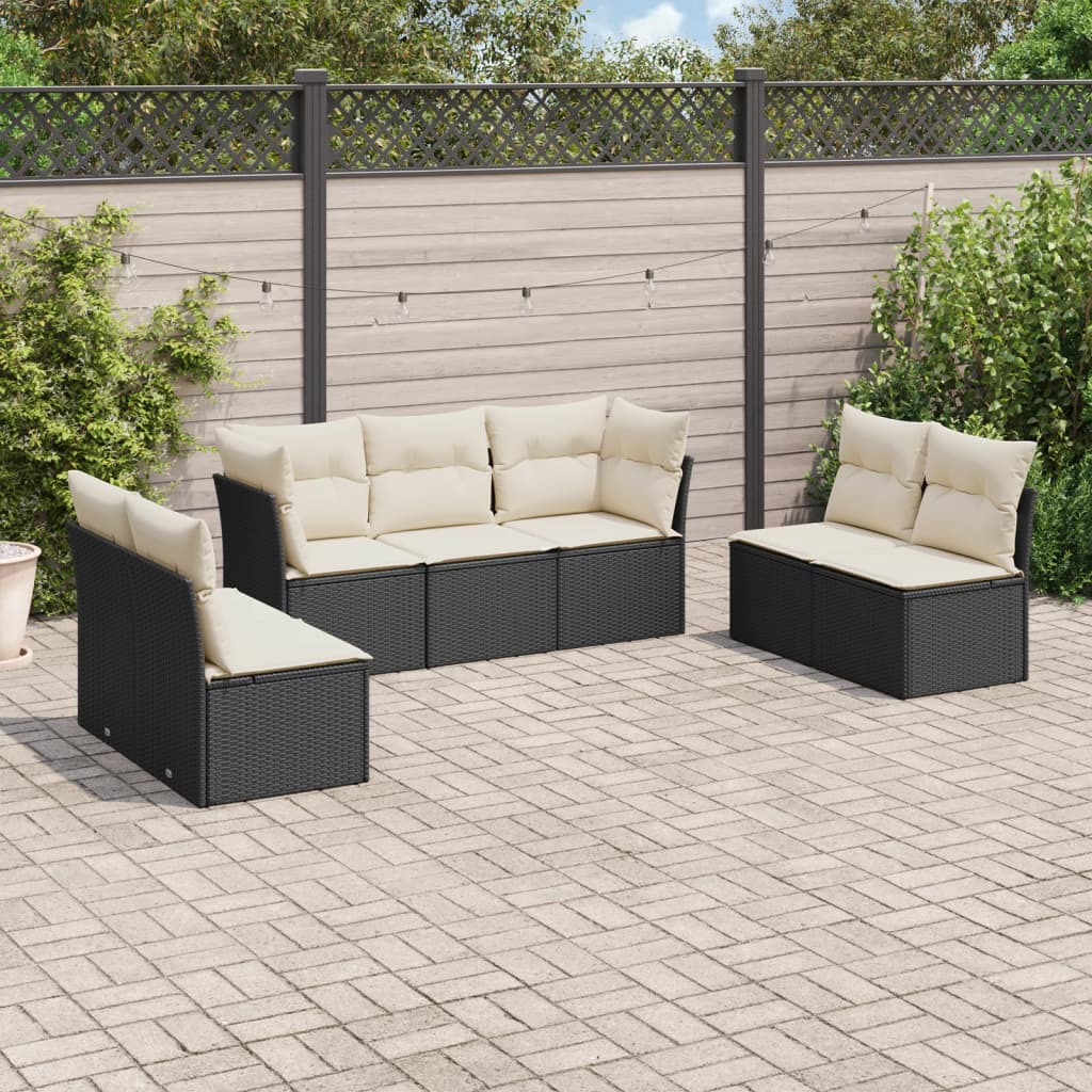 vidaXL 7-tlg. Garten-Sofagarnitur mit Kissen Schwarz Poly Rattan