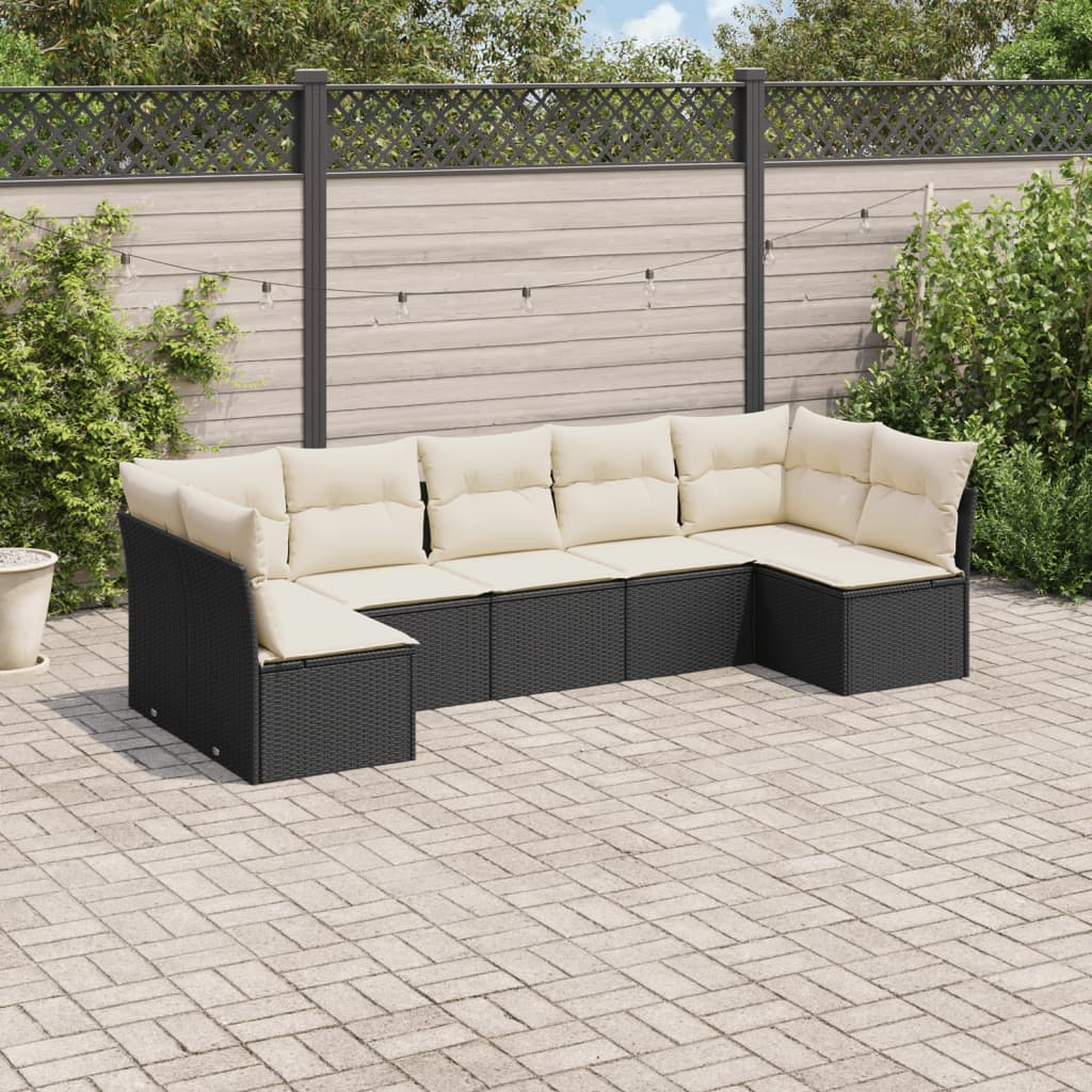 7-tlg. Garten-Sofagarnitur mit Kissen Schwarz Poly Rattan