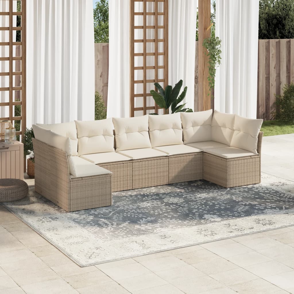 vidaXL 7-tlg. Garten-Sofagarnitur mit Kissen Beige Poly Rattan