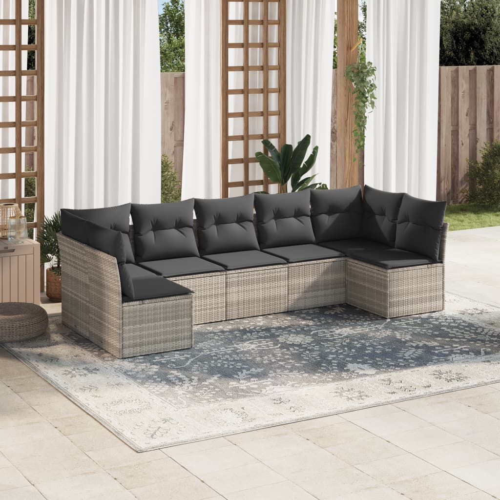 vidaXL 7-tlg. Garten-Sofagarnitur mit Kissen Hellgrau Poly Rattan