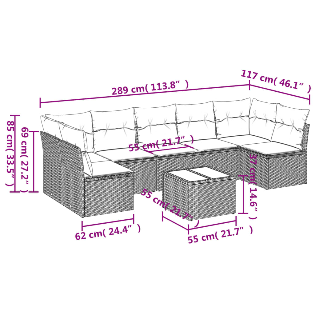 vidaXL 8-delige Loungeset met kussens poly rattan grijs