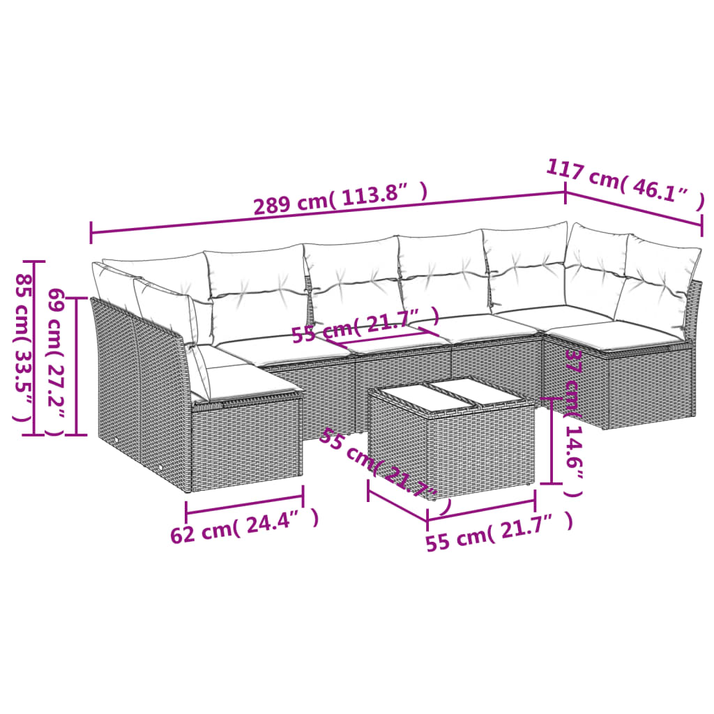 vidaXL 8-delige Loungeset met kussens poly rattan lichtgrijs afbeelding