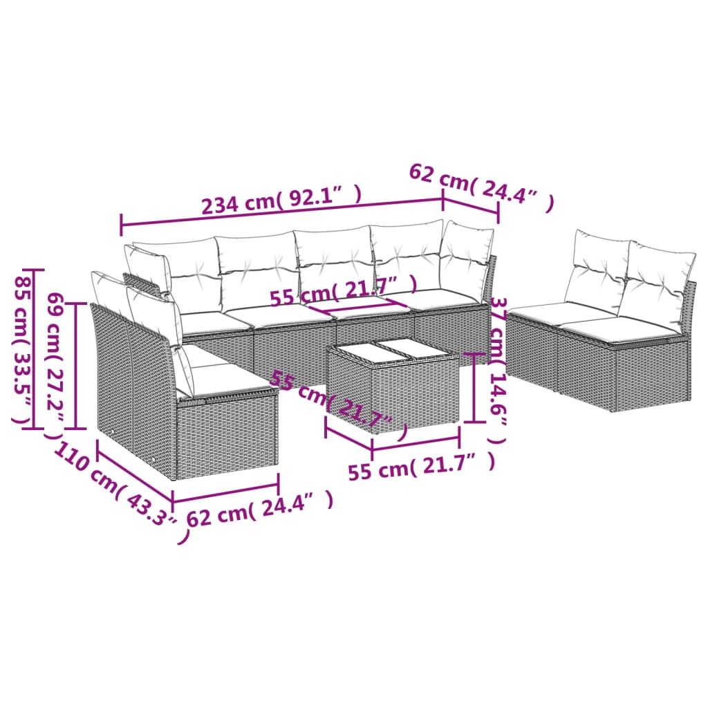 vidaXL 9-delige Loungeset met kussens poly rattan zwart afbeelding