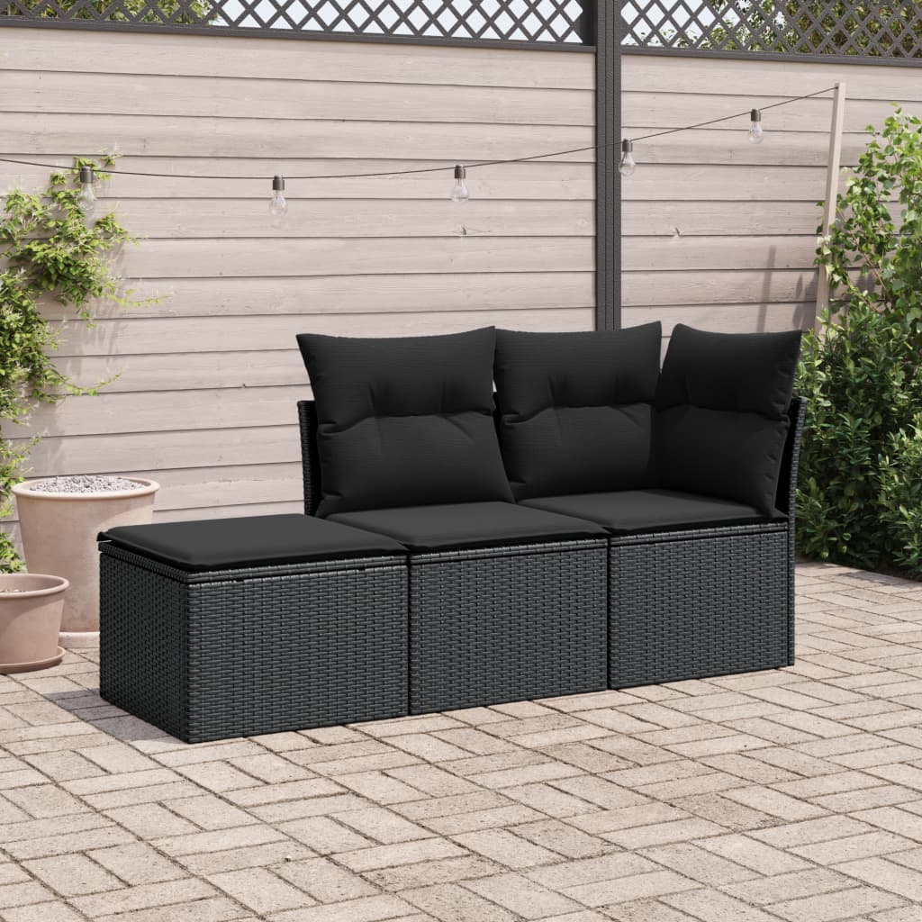 vidaXL 3-tlg. Garten-Sofagarnitur mit Kissen Schwarz Poly Rattan