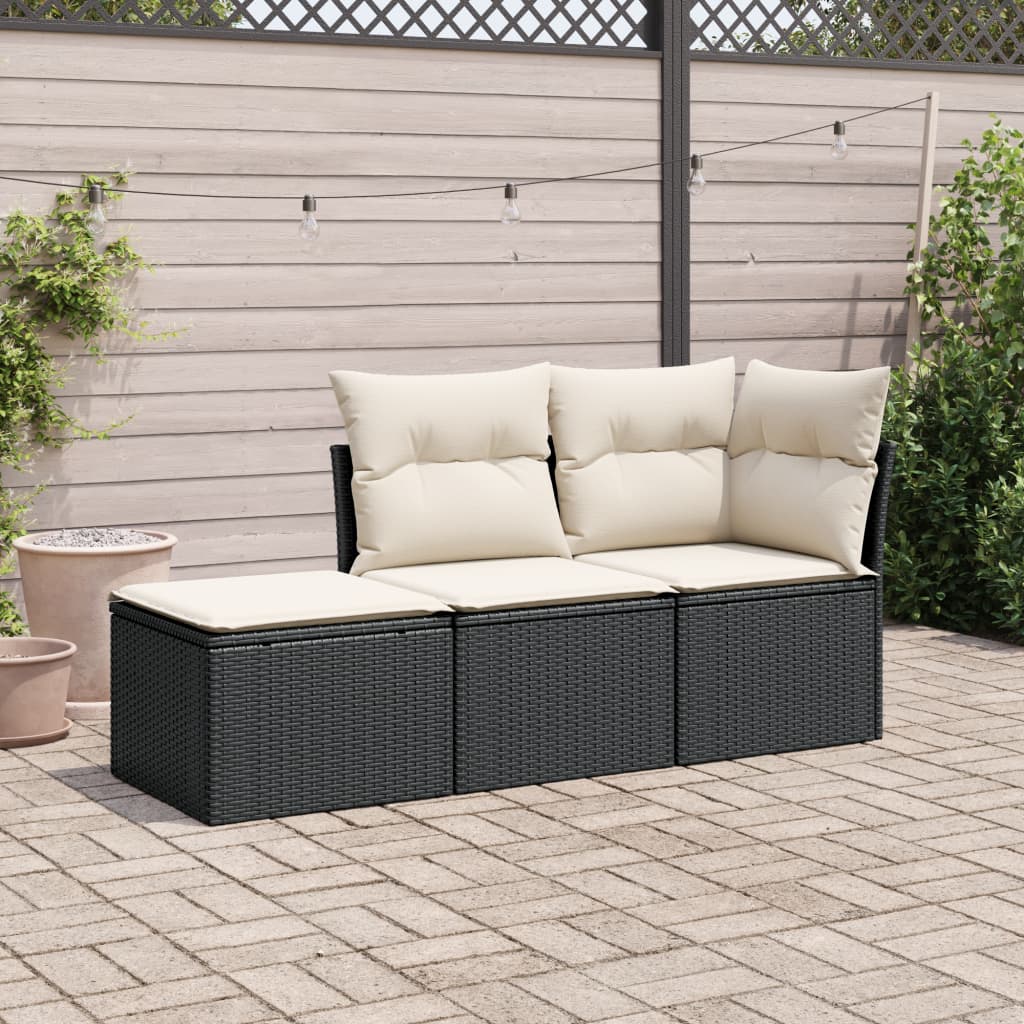 vidaXL 3-tlg. Garten-Sofagarnitur mit Kissen Schwarz Poly Rattan