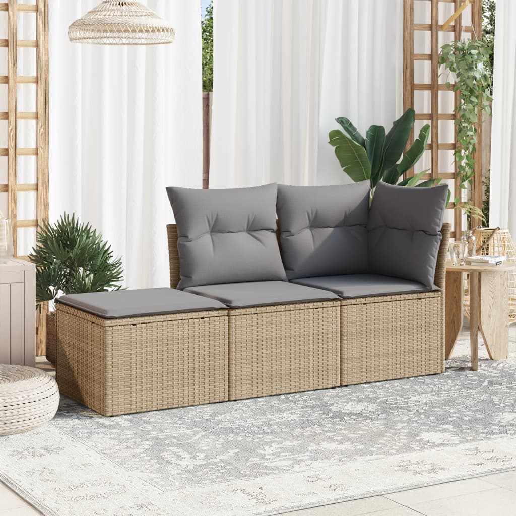 3-tlg. Garten-Sofagarnitur mit Kissen Beige Poly Rattan