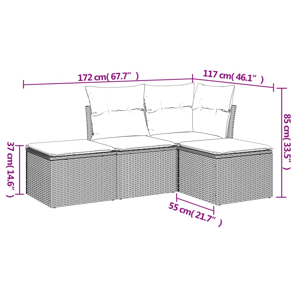 Set mobilier de grădină cu perne, 4 piese, negru, poliratan 3249315 - imagine 3