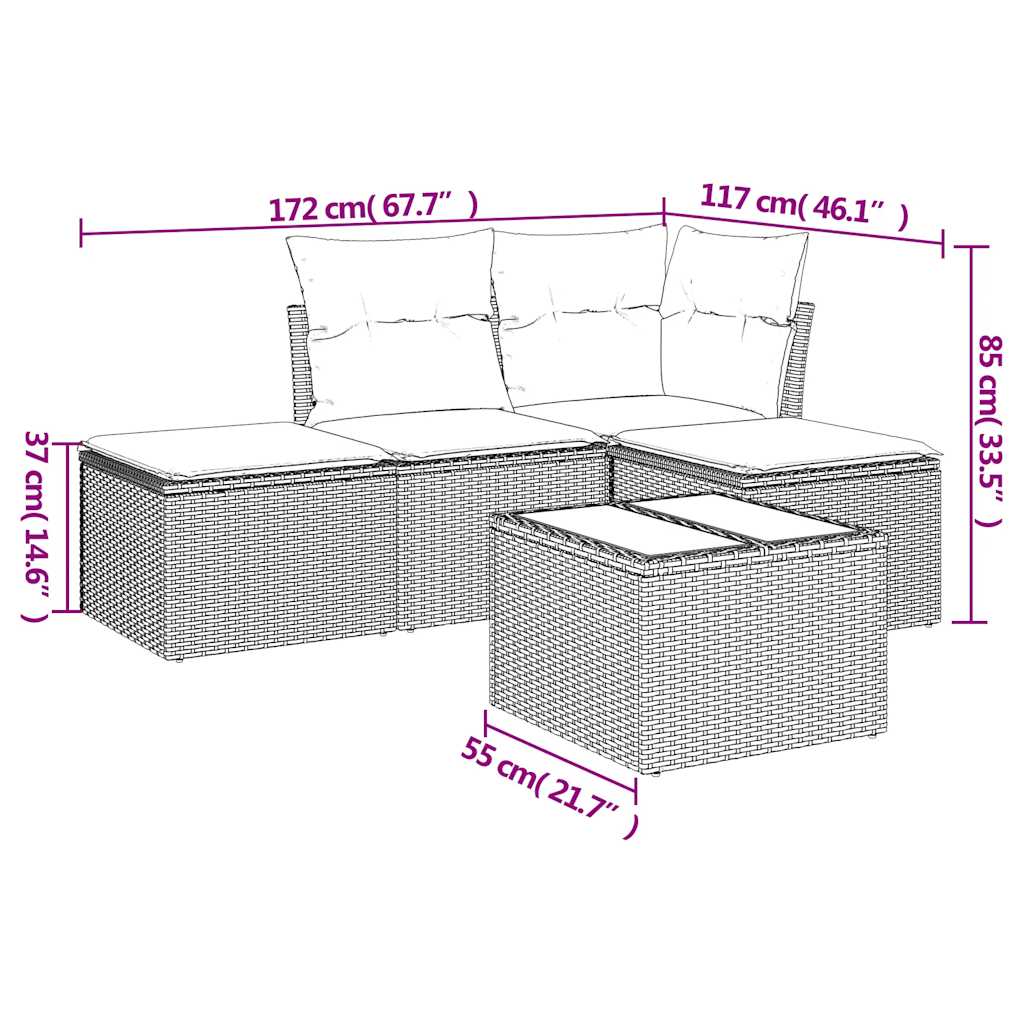 vidaXL 5-delige Loungeset met kussens poly rattan lichtgrijs afbeelding