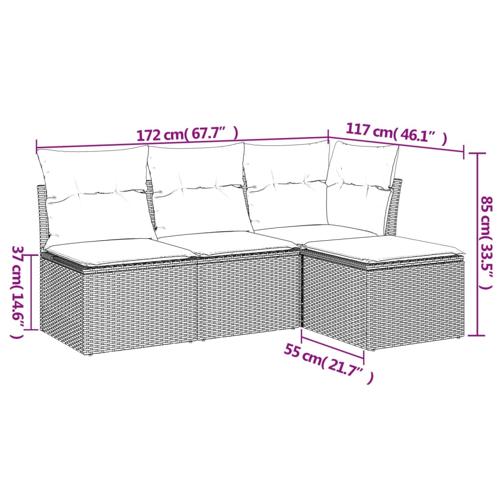vidaXL 4-delige Loungeset met kussens poly rattan zwart afbeelding