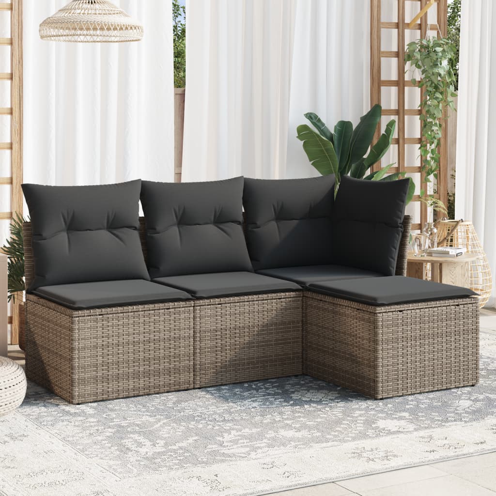 4-tlg. Garten-Sofagarnitur mit Kissen Grau Poly Rattan