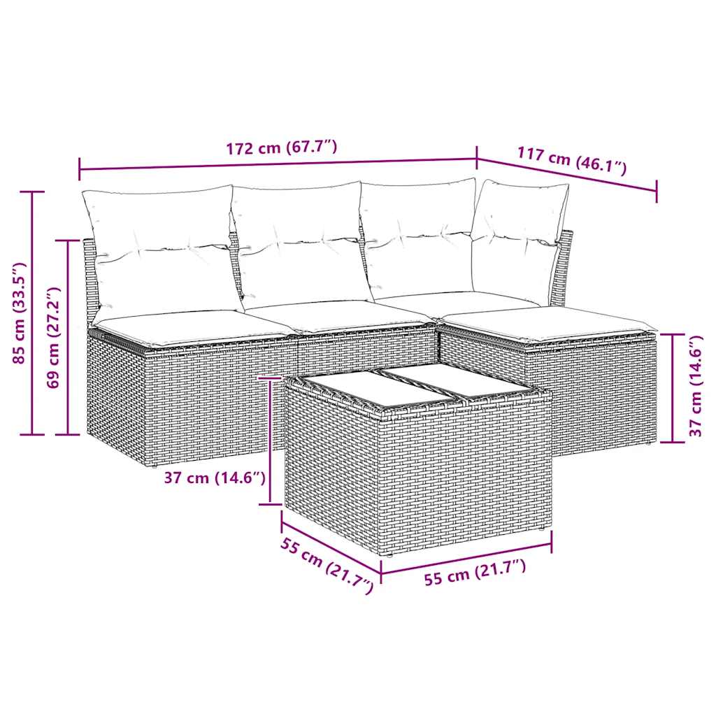 vidaXL 5-delige Loungeset met kussens poly rattan beige afbeelding