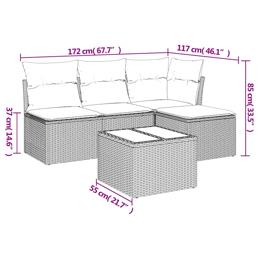 vidaXL 5-delige Loungeset met kussens poly rattan lichtgrijs afbeelding