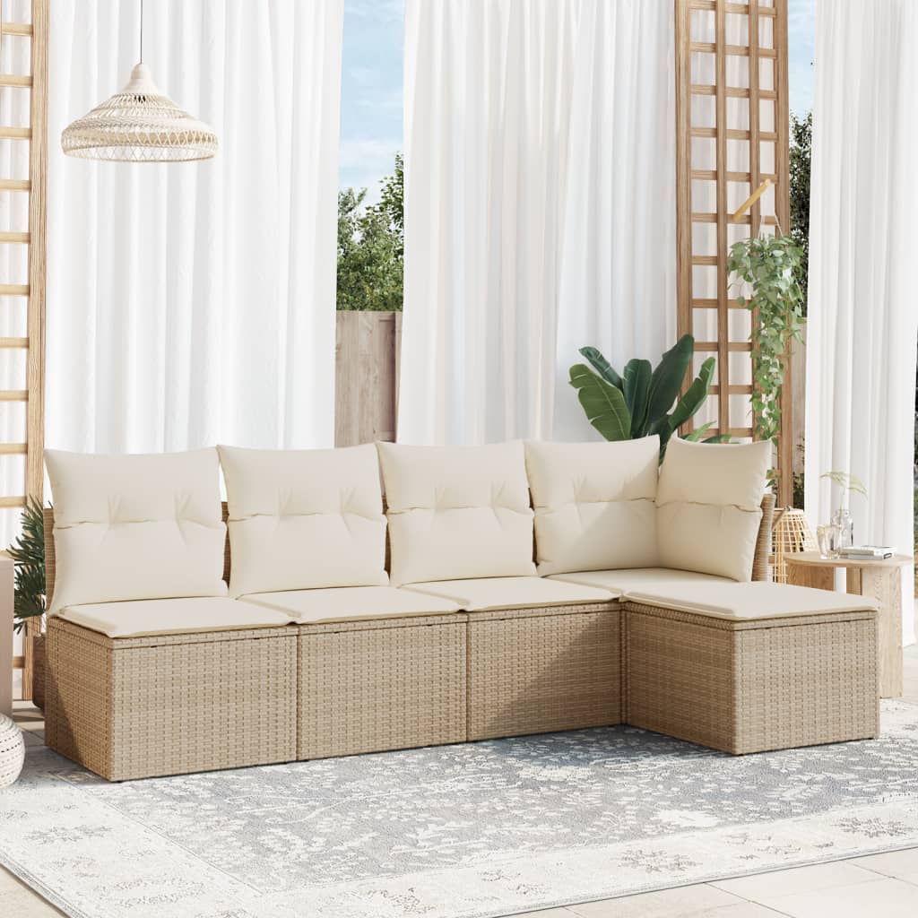 vidaXL 5-tlg. Garten-Sofagarnitur mit Kissen Beige Poly Rattan