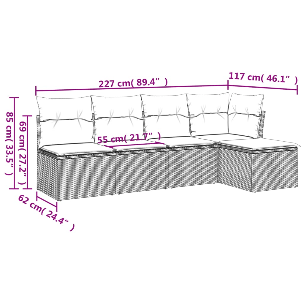 Set canapea de grădină cu perne, 5 piese, gri, poliratan 3249359 - imagine 3