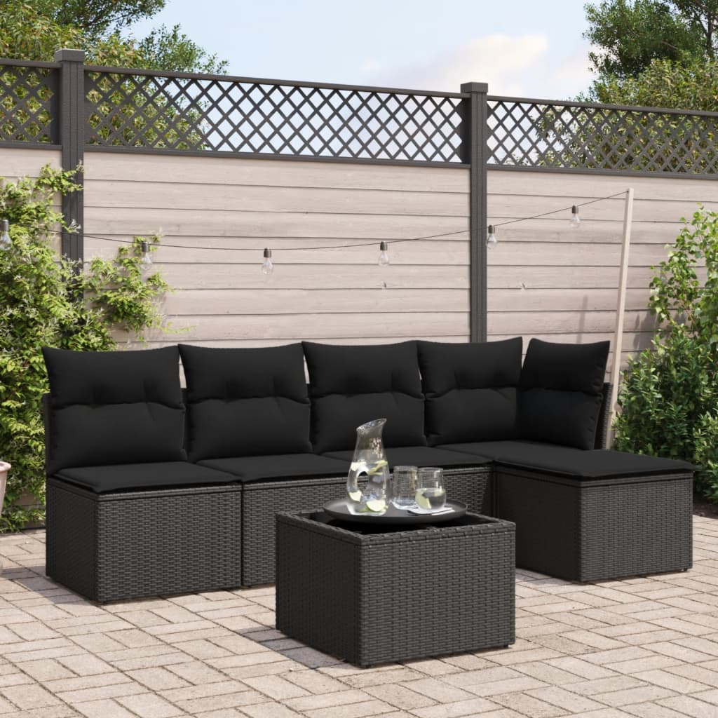 vidaXL 6-tlg. Garten-Sofagarnitur mit Kissen Schwarz Poly Rattan