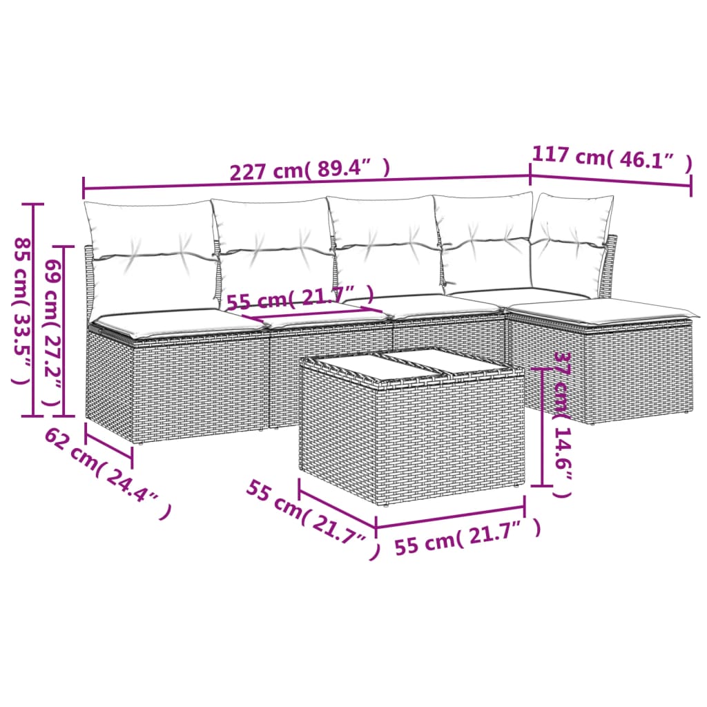 vidaXL 6-delige Loungeset met kussens poly rattan lichtgrijs afbeelding