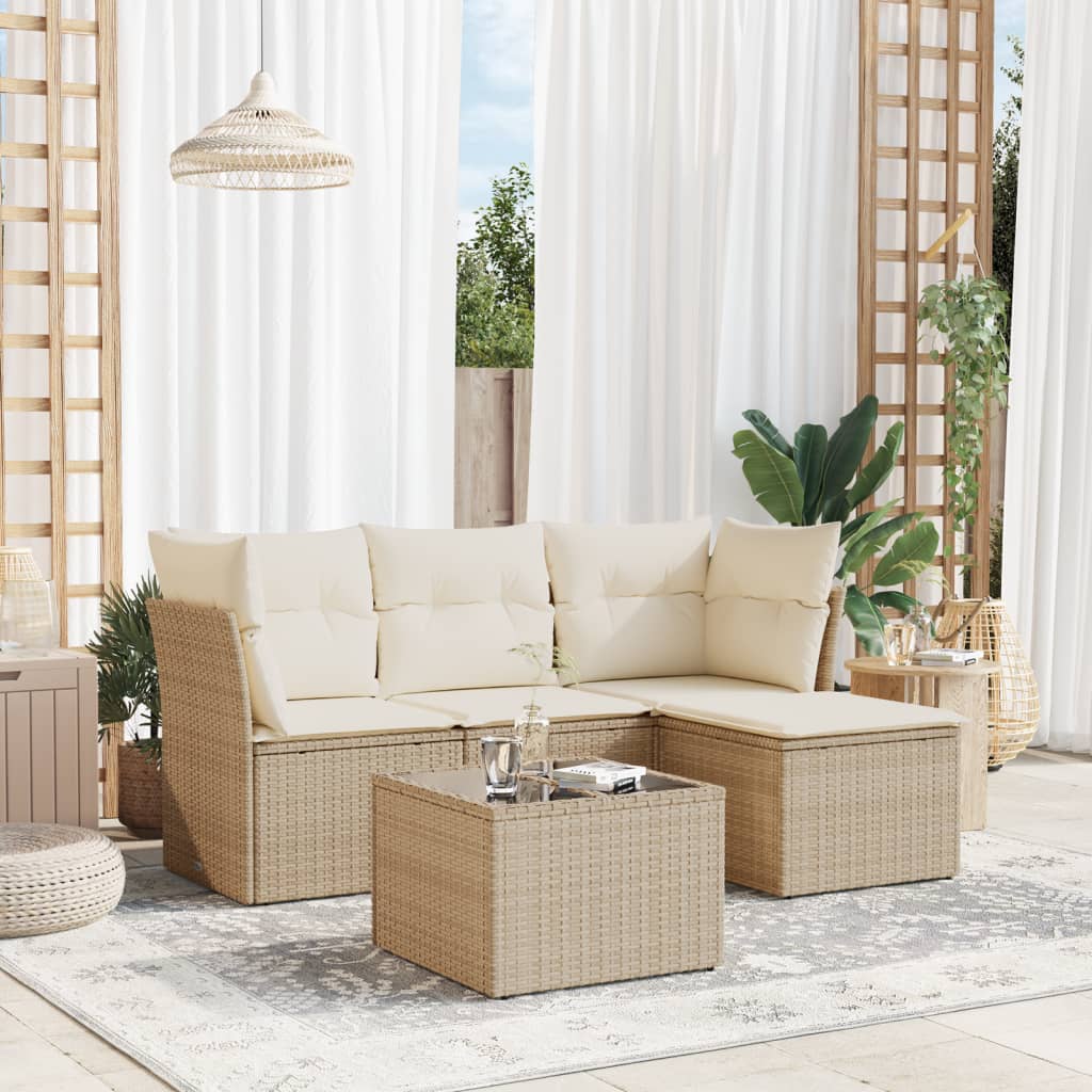 vidaXL 5-tlg. Garten-Sofagarnitur mit Kissen Beige Poly Rattan