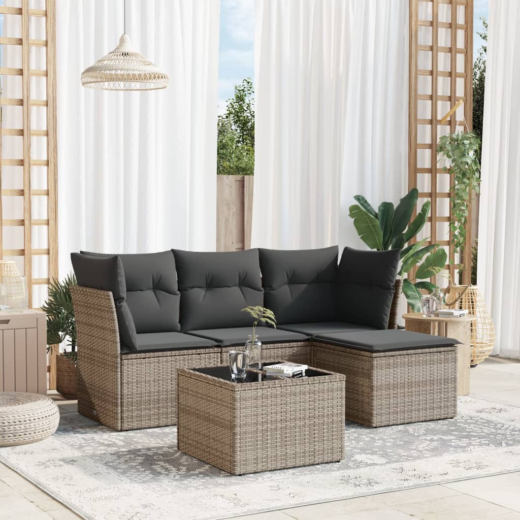 vidaXL 5-tlg. Garten-Sofagarnitur mit Kissen Grau Poly Rattan